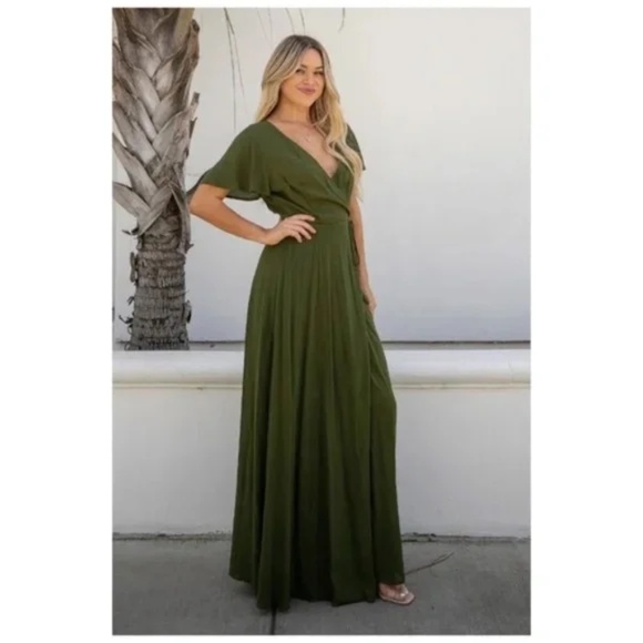 Olive Green Short Flutter Sleeve Wrap Spring Maxi Dress - Picture 4 of 6